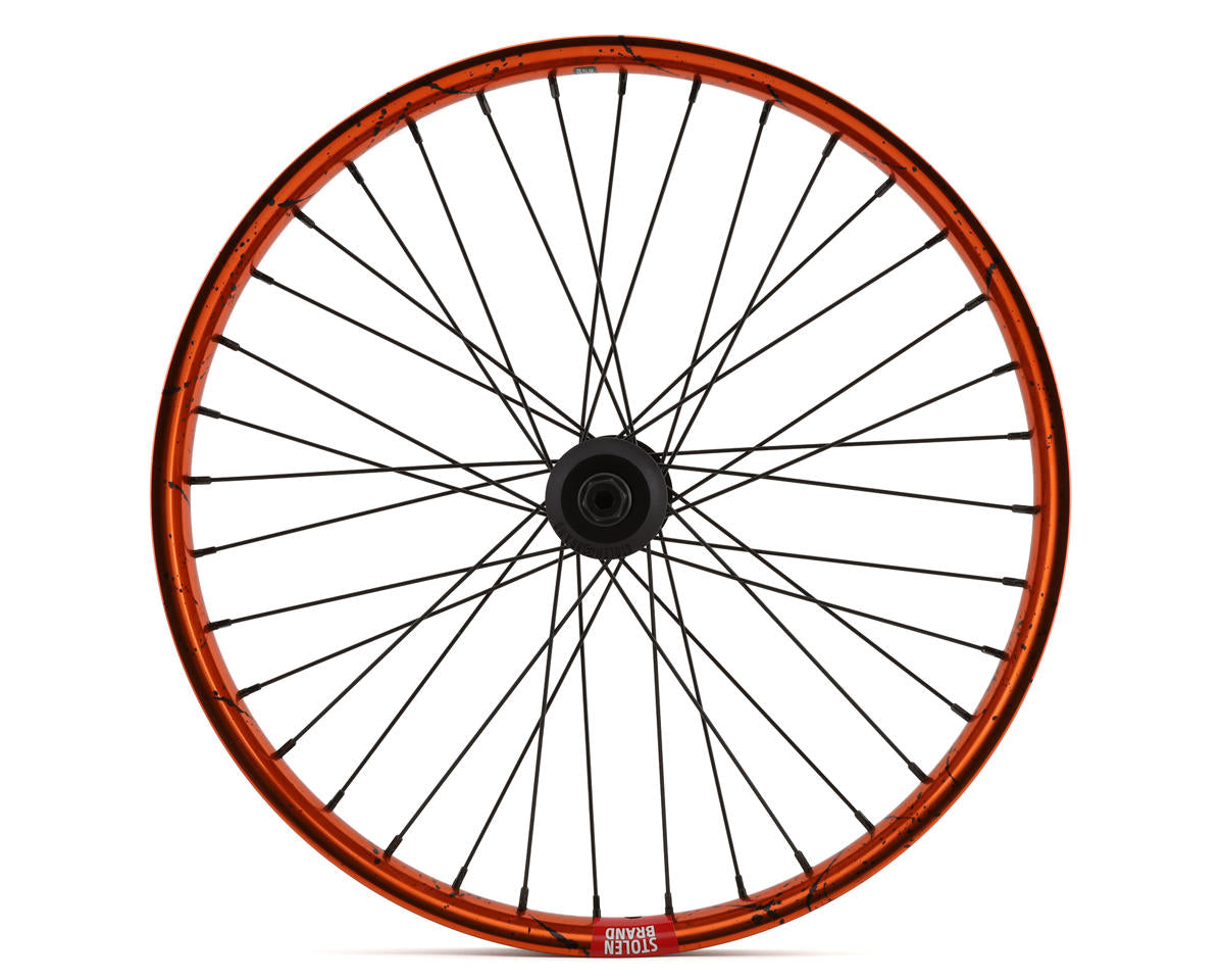 20" RAMPAGE PRO STREET FRONT FEMALE AXLE WHEEL, ORANGE / BLACK SPLATTER